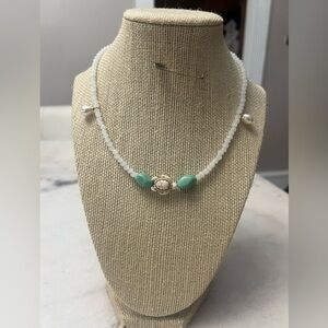 #1. Handmade White and Green Beaded Necklace